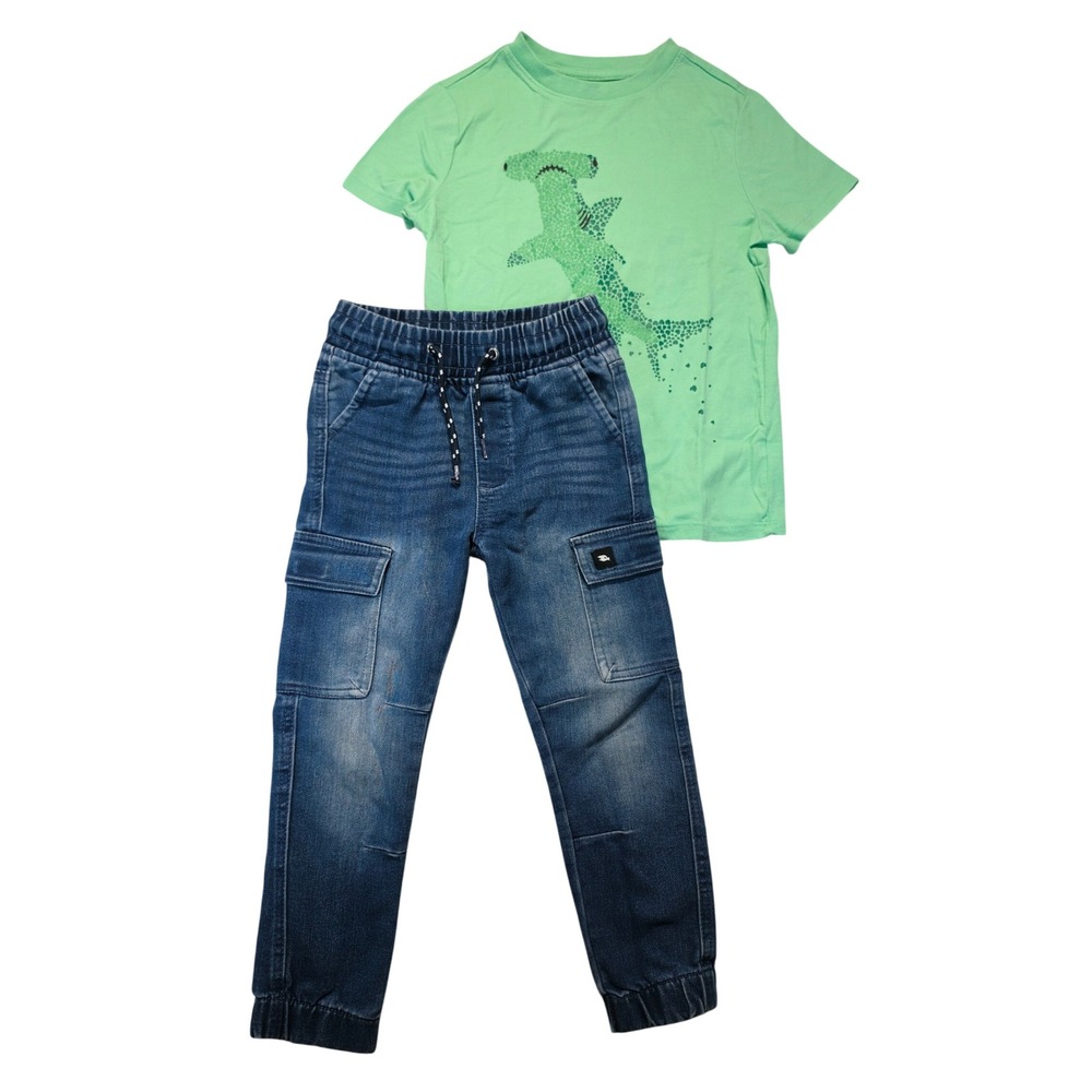 Tony Hawk Denim Cargo‎ Joggers and Cat & Jack Shark Graphic Tee Set Boys 5-7